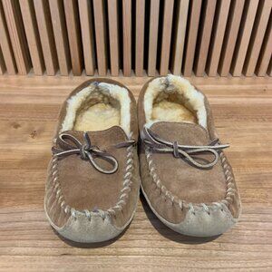 LL Bean Classic Moccasins Childrens Size 4 Suede Faux Fur With Suede Tie Cord